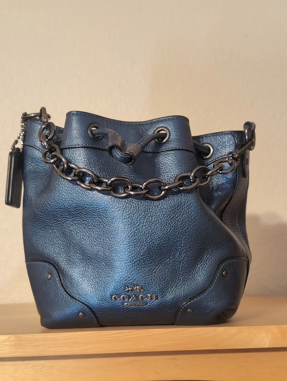 COACH Metallic Blue Baby Mackie Pebbled Leather Drawstring Hand/ Shoulder Bag